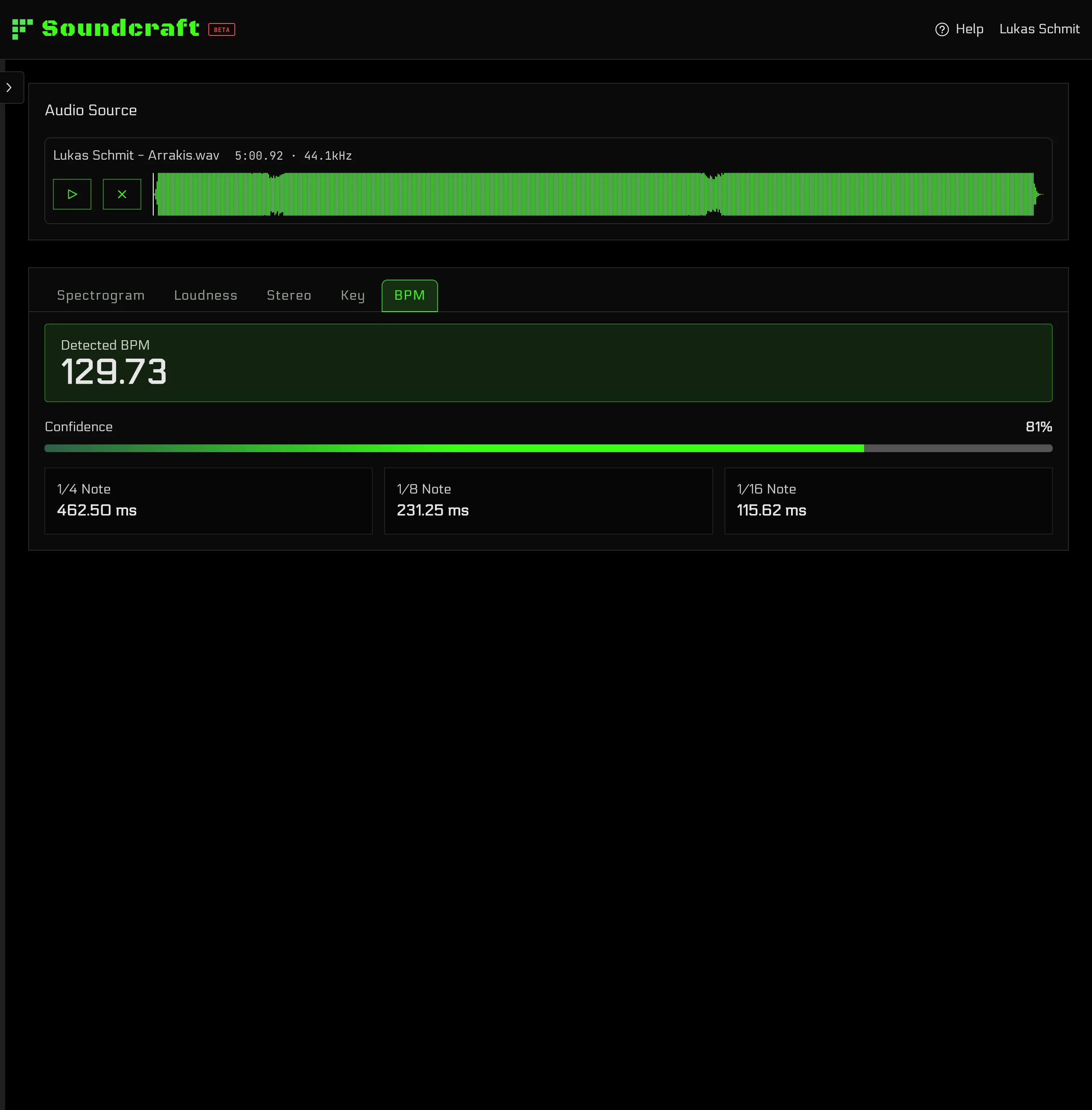 Soundcraft Soundscope BPM detection view